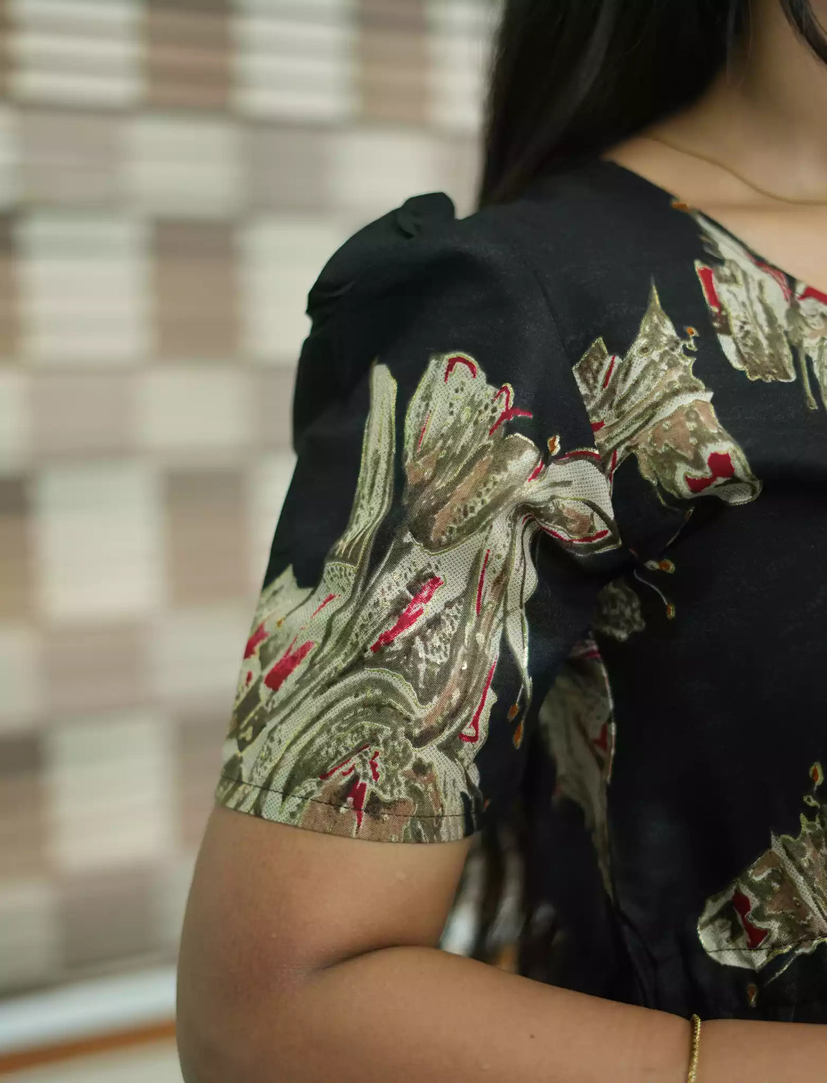 Rayon Abstract Botanical Print Foil Gathering Maxi with Front Tie - Mangai Nighties