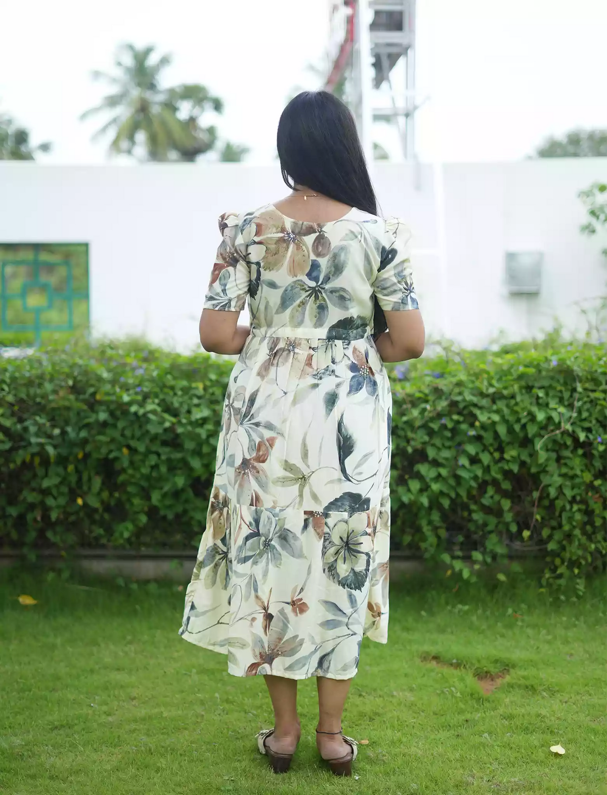 Rayon Floral Print Foil Gathering Maxi with Side Pocket - Mangai Nighties