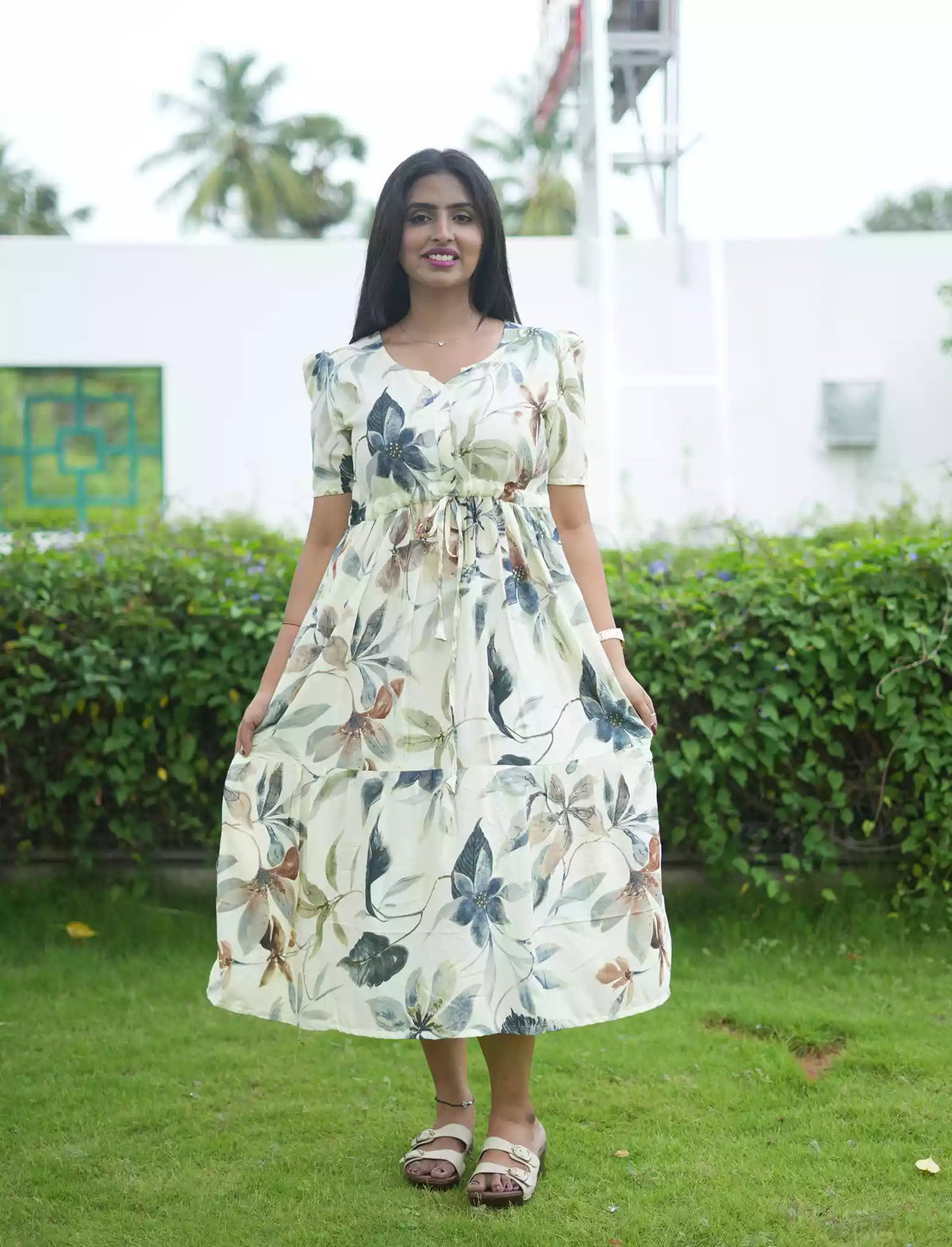 Rayon Floral Print Foil Gathering Maxi with Side Pocket - Mangai Nighties