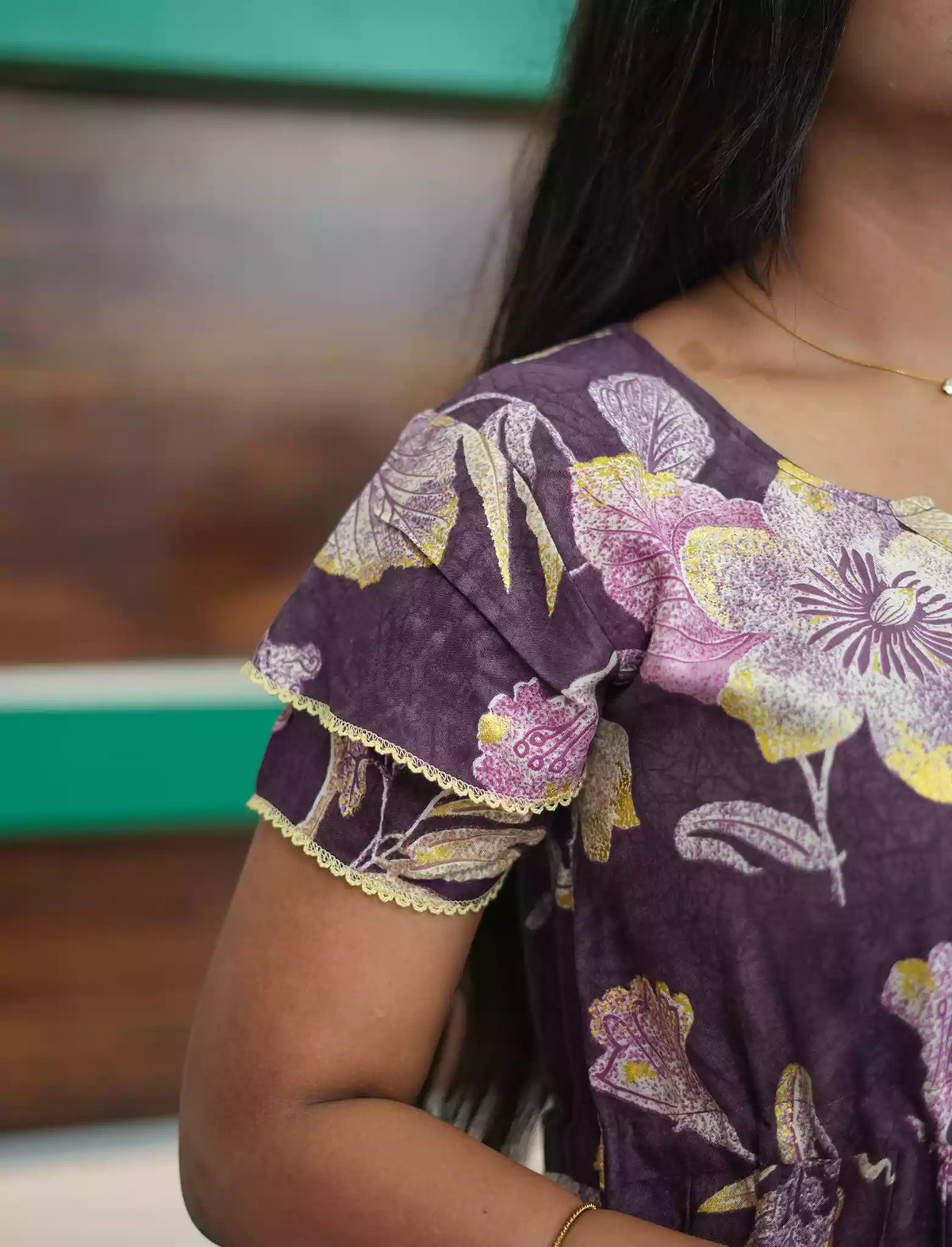 Rayon Mauve Floral Double Layer Sleeve Maxi Frock - Mangai Nighties