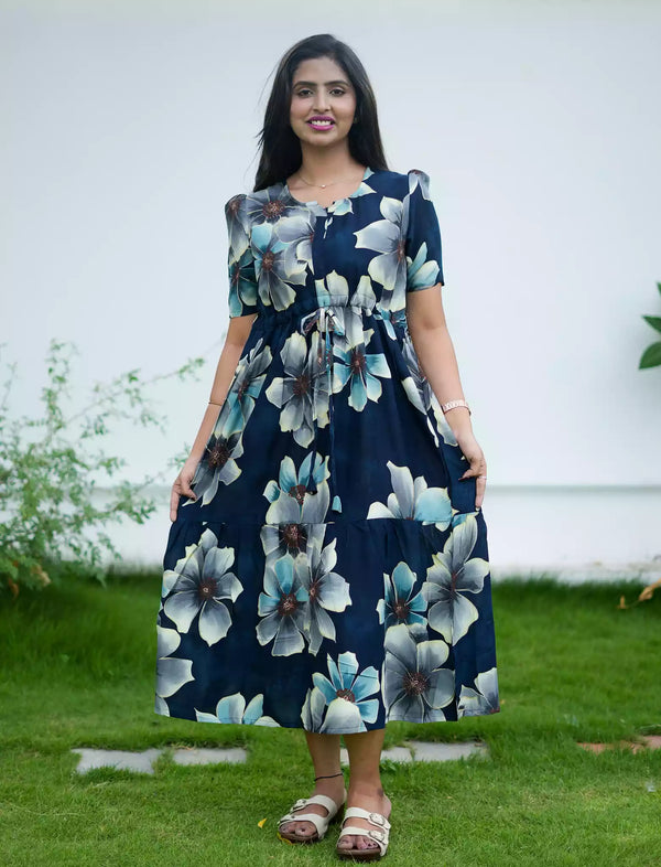 Rayon Floral Print Foil Gathering Maxi with Front Tie - Mangai Nighties
