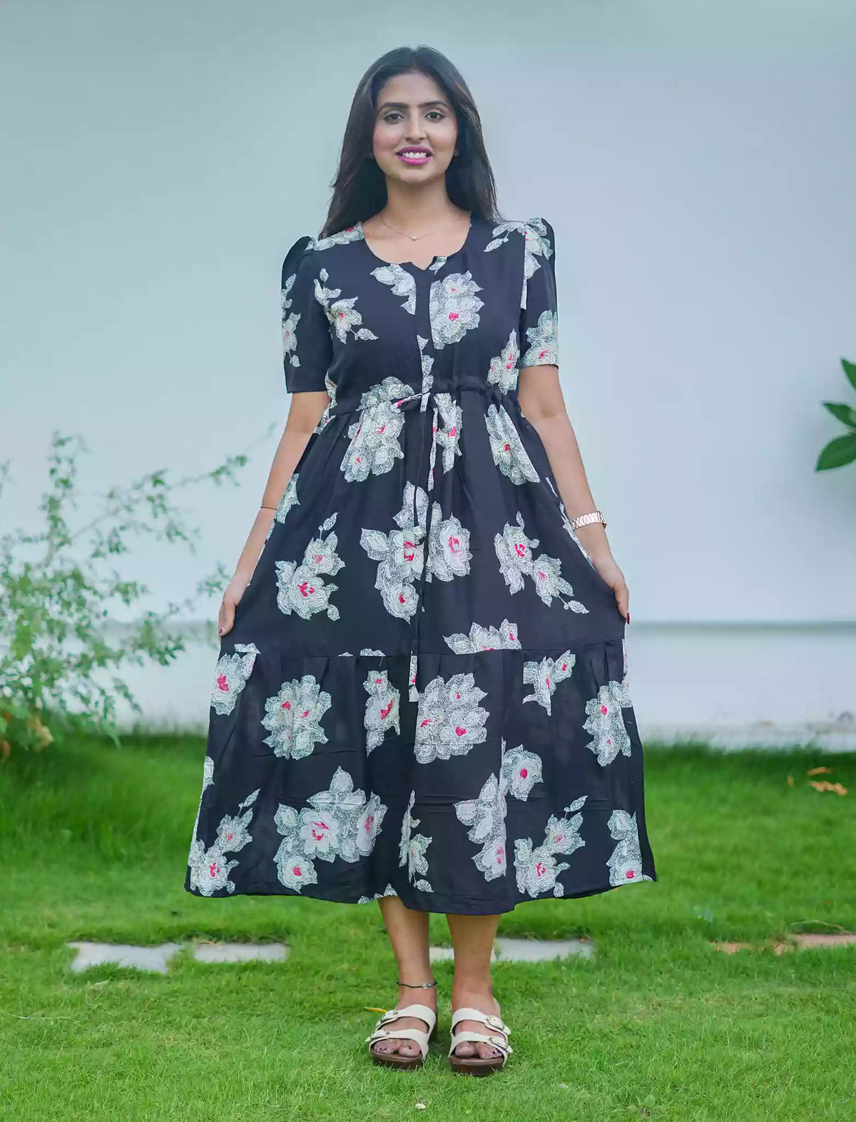 Rayon Floral Print Foil Gathering Maxi with Front Tie - Mangai Nighties
