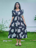 Rayon Floral Print Foil Gathering Maxi with Front Tie - Mangai Nighties