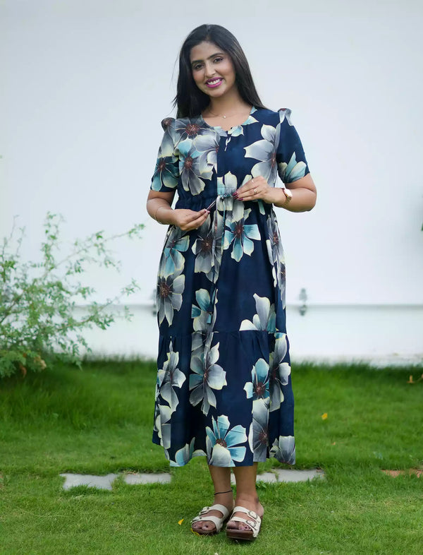 Rayon Floral Print Foil Gathering Maxi with Front Tie - Mangai Nighties