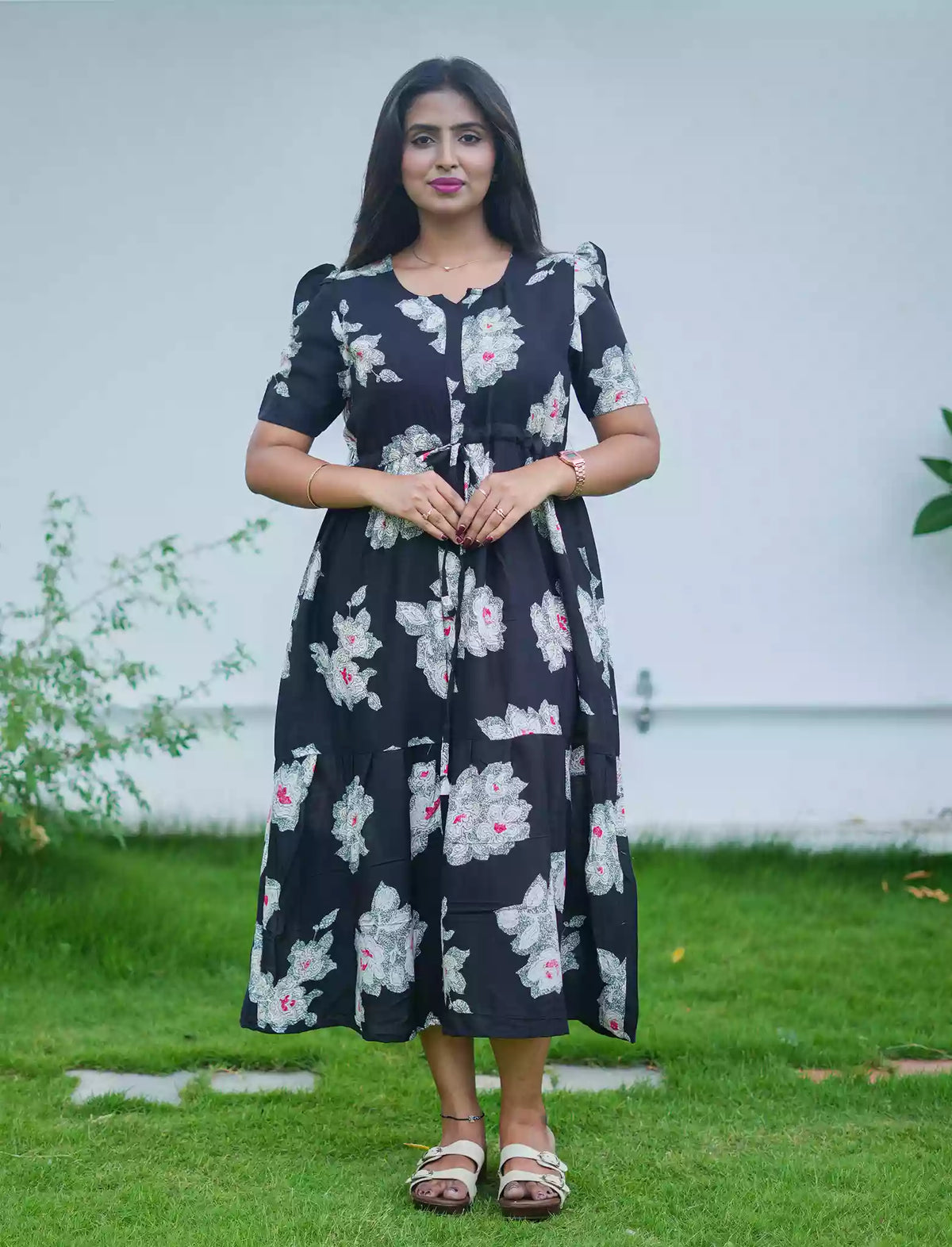 Rayon Floral Print Foil Gathering Maxi with Front Tie - Mangai Nighties