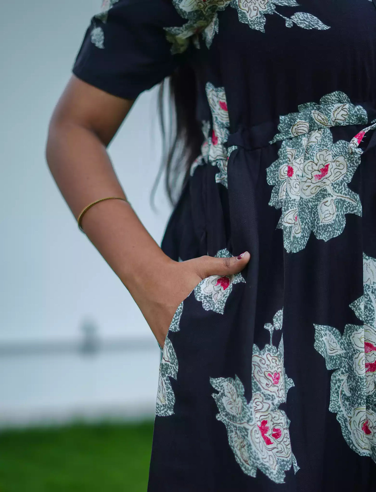 Rayon Floral Print Foil Gathering Maxi with Front Tie - Mangai Nighties