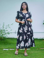 Rayon Floral Print Foil Gathering Maxi with Front Tie - Mangai Nighties