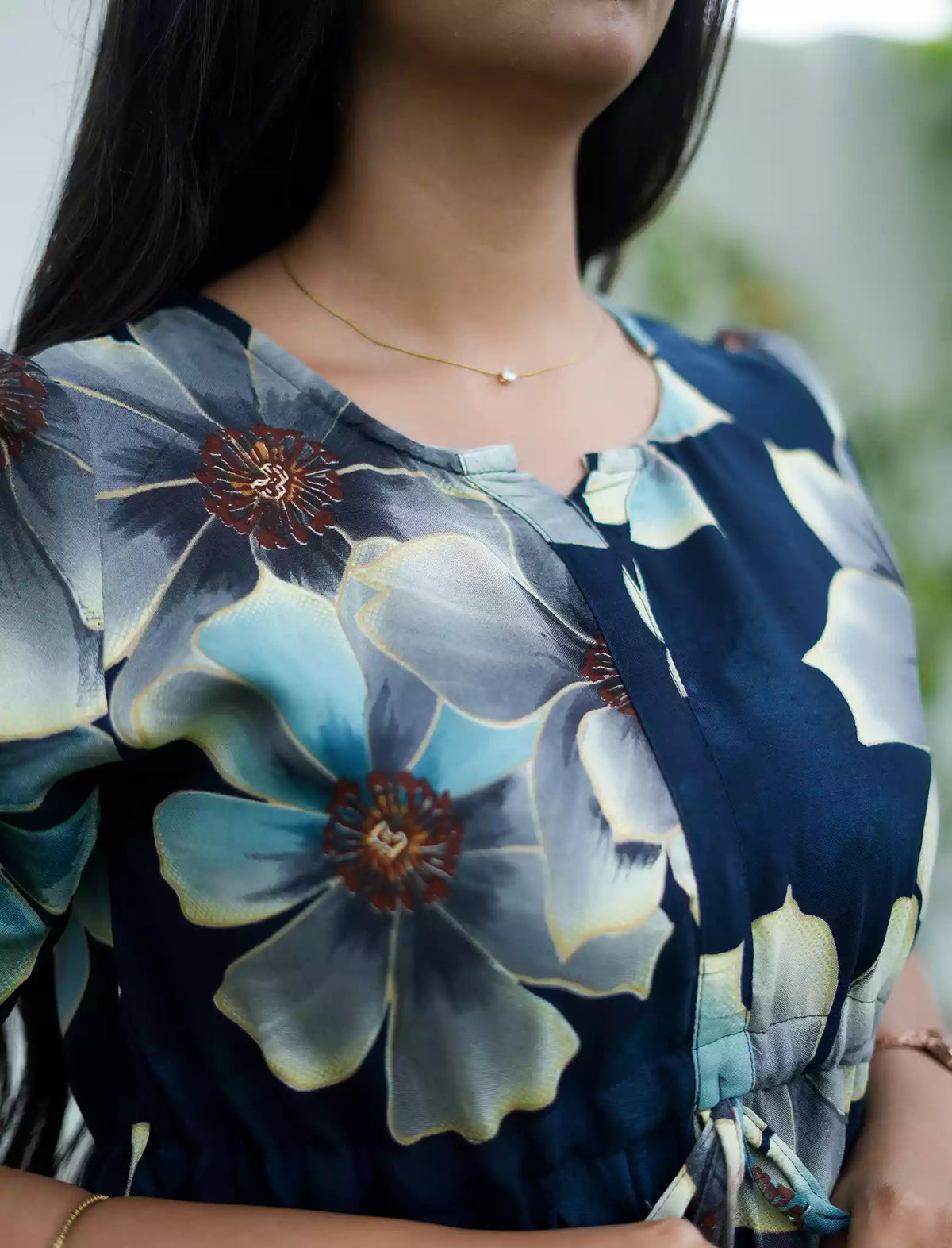 Rayon Floral Print Foil Gathering Maxi with Front Tie - Mangai Nighties