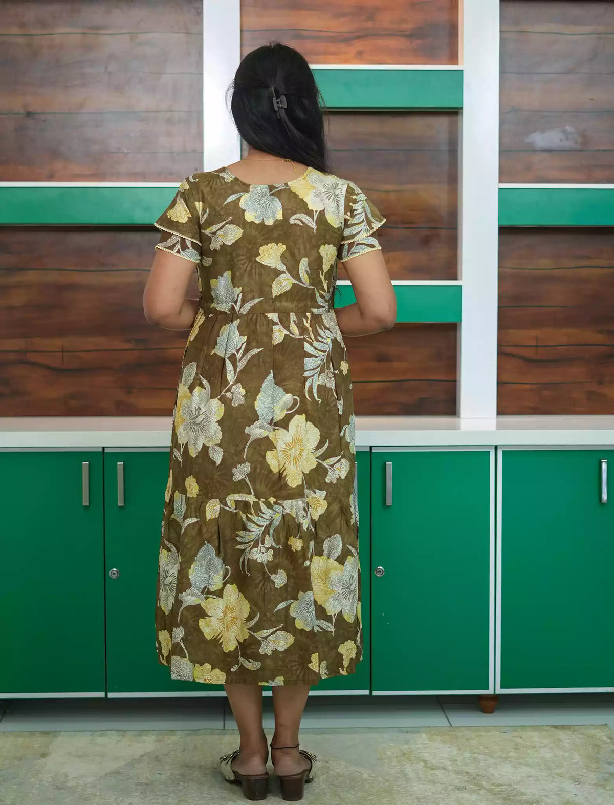 Olive Brown Rayon Floral Zipless Maxi Frock Side Pocket - Mangai Nighties