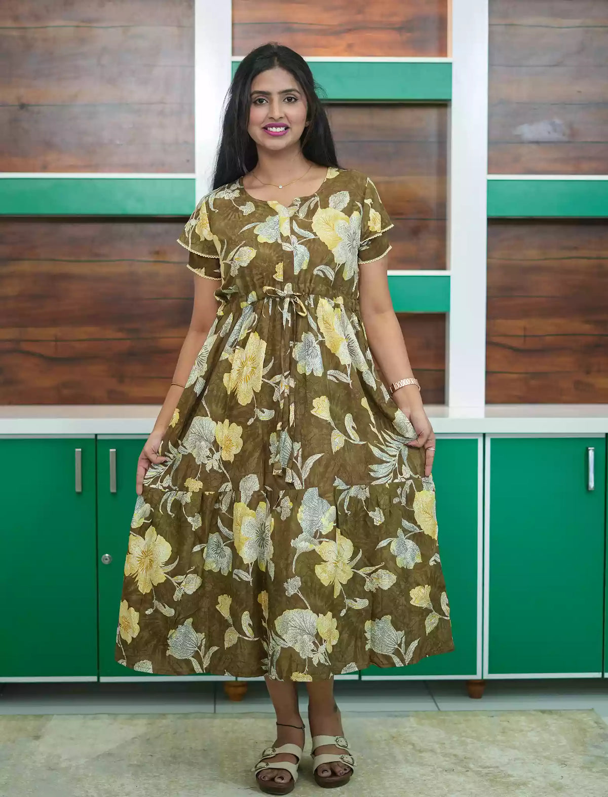 Olive Brown Rayon Floral Daily Wear Maxi Frock - Mangai Nighties