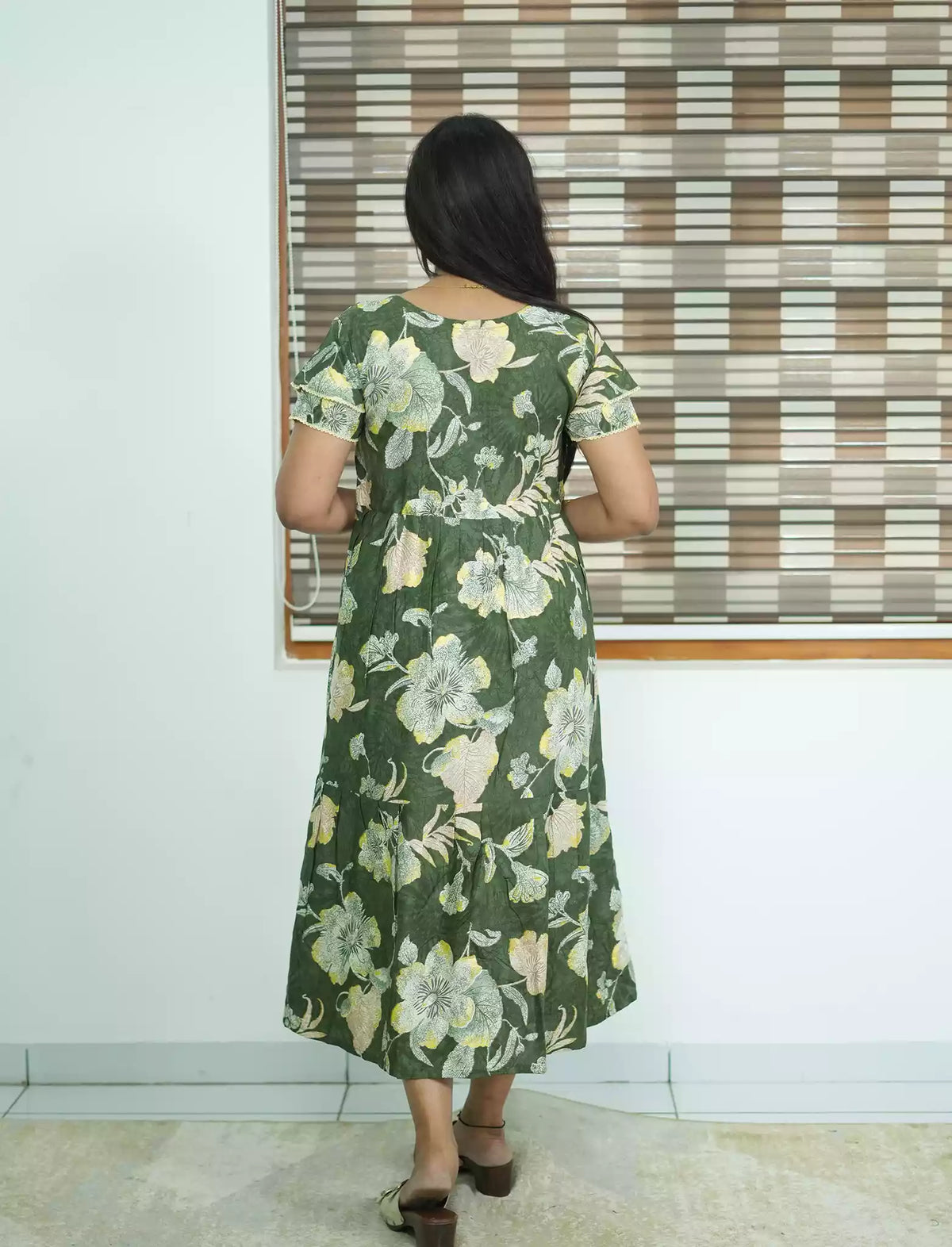 Olive Green Rayon Floral Zipless Maxi Frock Side Pocket - Mangai Nighties