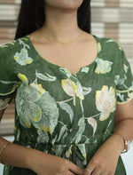 Olive Green Rayon Floral Round Neck Maxi Frock - Mangai Nighties