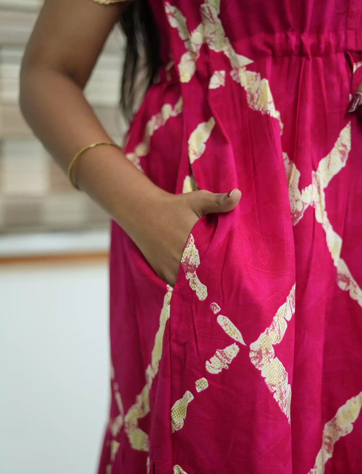 Pink Foil Print Rayon Zipless Maxi Frock with Side Pocket - Mangai Nighties