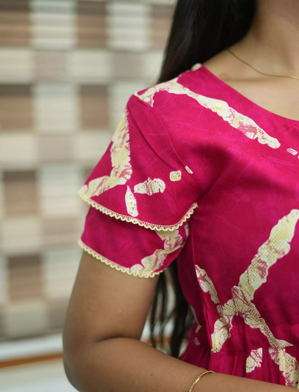 Pink Foil Print Rayon Maxi Frock with Double Layer Sleeve - Mangai Nighties