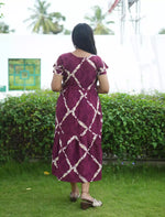 Purple Rayon Abstract Print Gathering Maxi Frock Women - Mangai Nighties