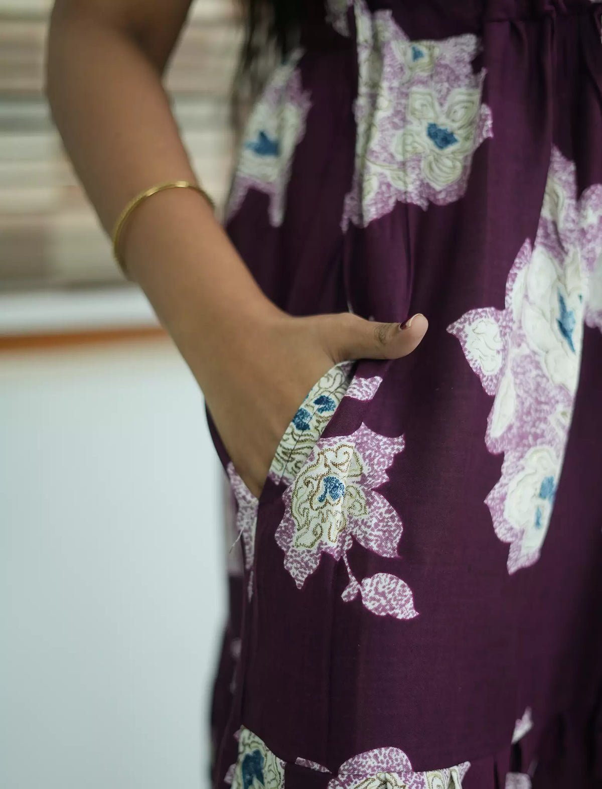Rayon Floral Print Foil Gathering Maxi with Front Tie - Mangai Nighties