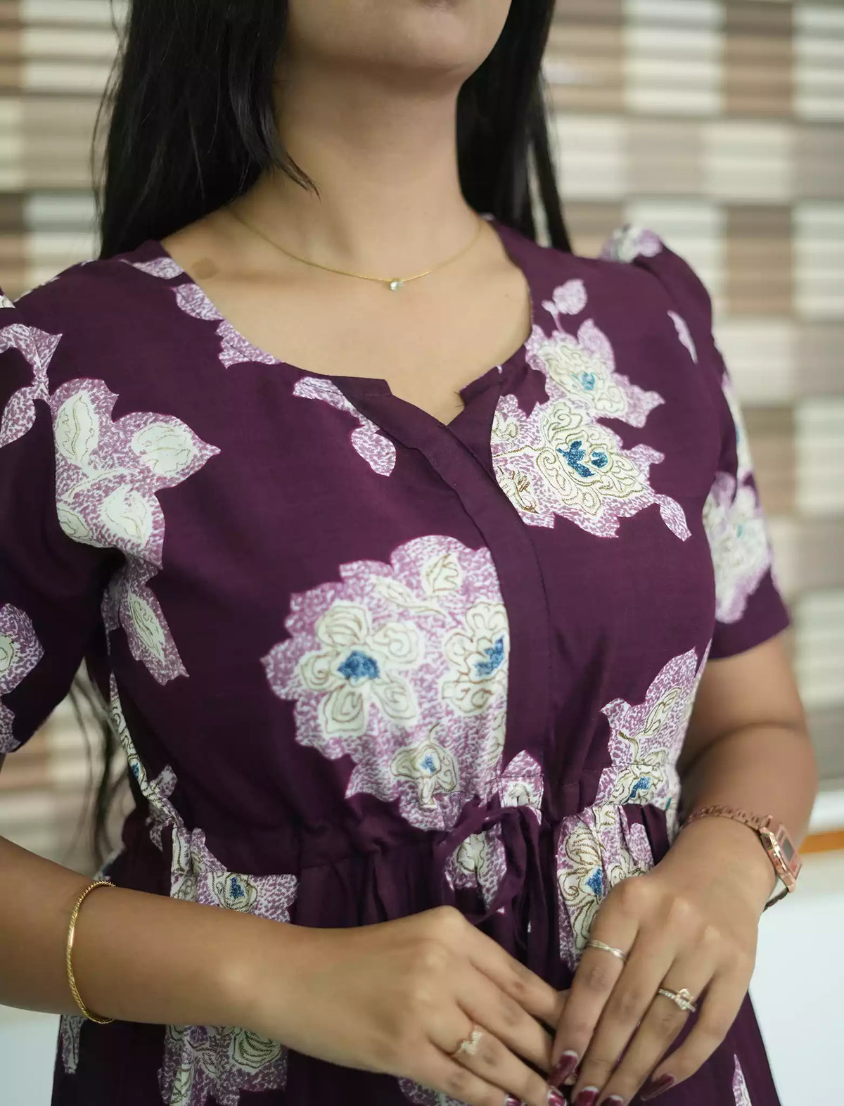 Rayon Floral Print Foil Gathering Maxi with Front Tie - Mangai Nighties