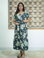 Blue Rayon Floral Front Tie Side Pocket Maxi Frock - Mangai Nighties