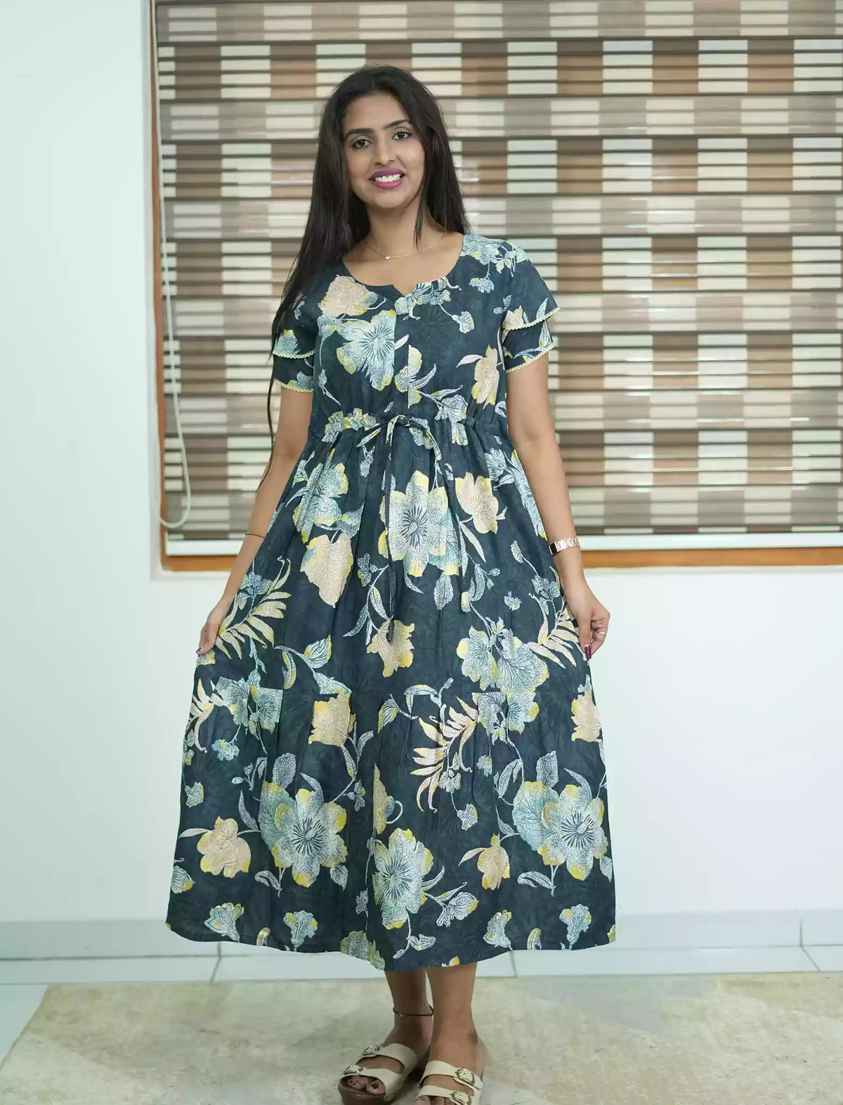Blue Rayon Floral Flared Maxi Frock for Women - Mangai Nighties