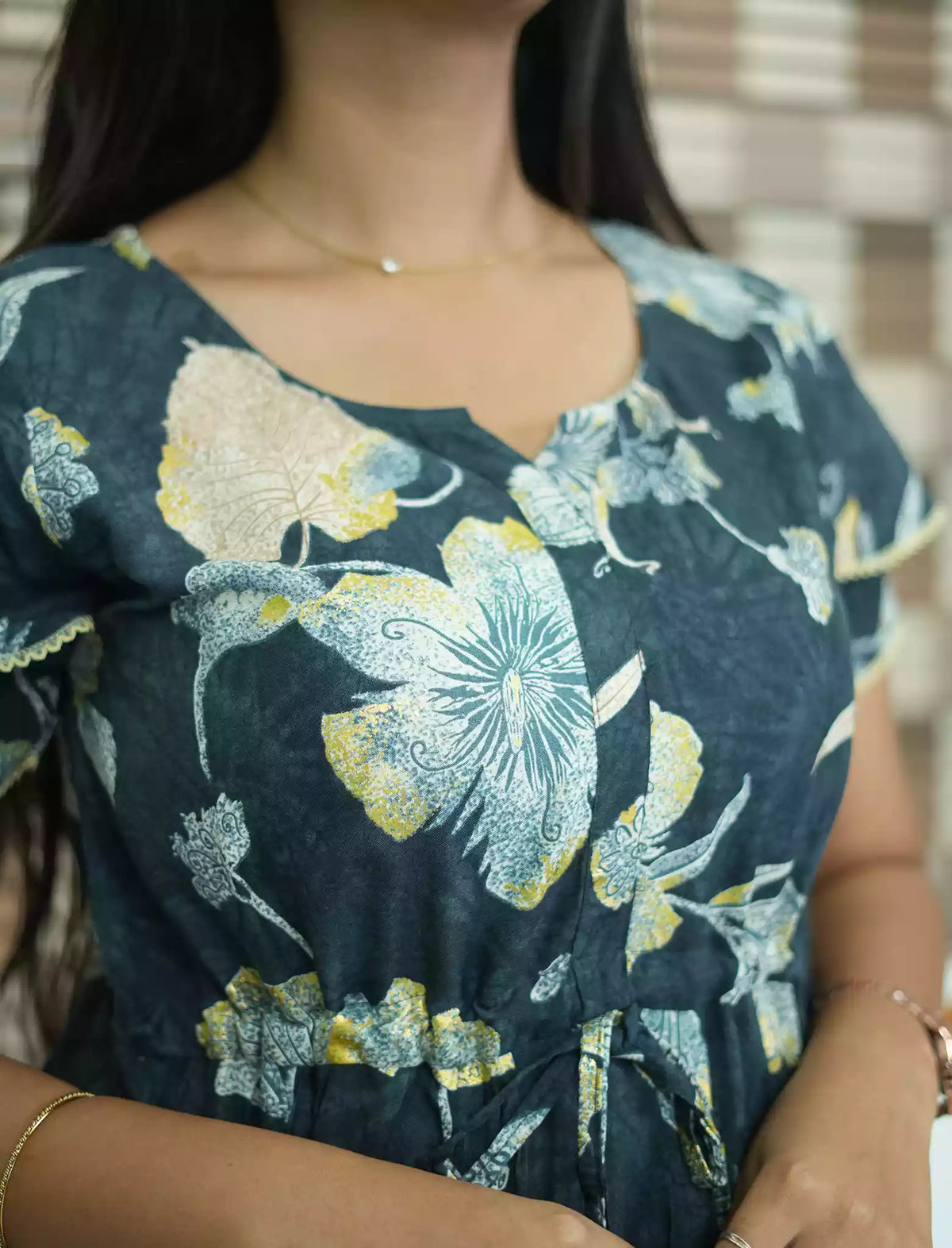 Blue Rayon Floral Round Neck Maxi Frock - Mangai Nighties