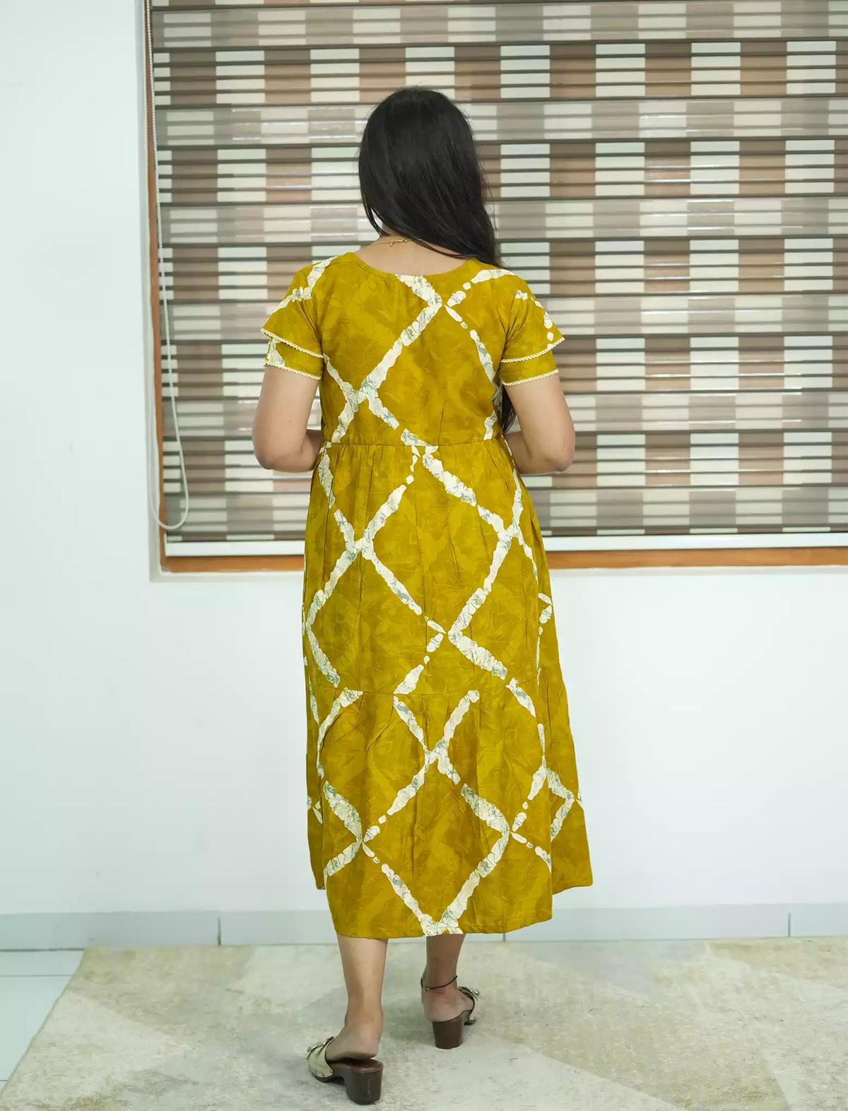 Mustard Rayon Abstract Print Zipless Maxi Frock- Mangai Nighties