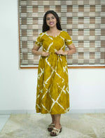 Mustard Rayon Abstract Print Front Tie Side Pocket Maxi - Mangai Nighties