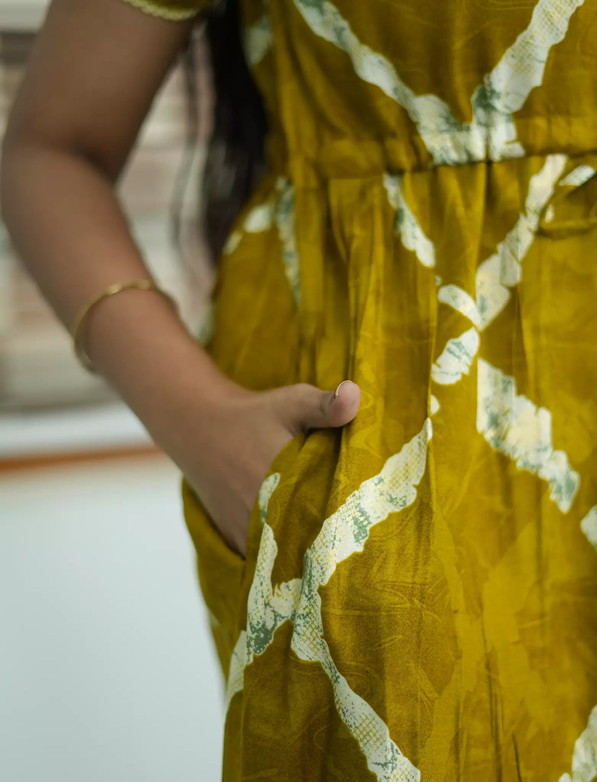 Mustard Rayon Abstract Print Side Pocket Maxi Frock - Mangai Nighties