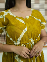 Mustard Rayon Abstract Print Round Neck Maxi Frock - Mangai Nighties
