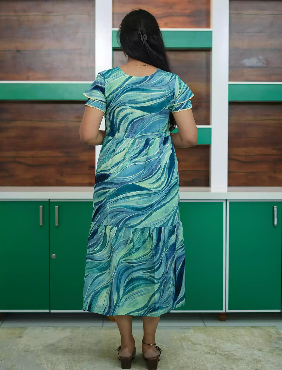 Rayon Aqua Blue Marble Print Zipless Maxi Side Pocket - Mangai Nighties