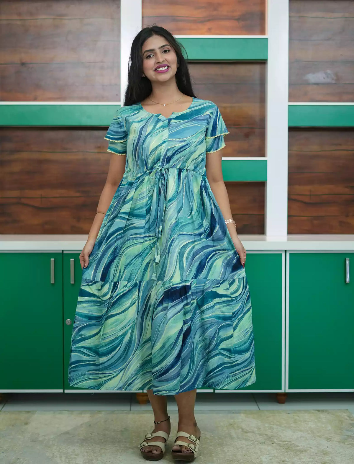 Aqua Blue Rayon Gathering Flared Maxi for Women - Mangai Nighties