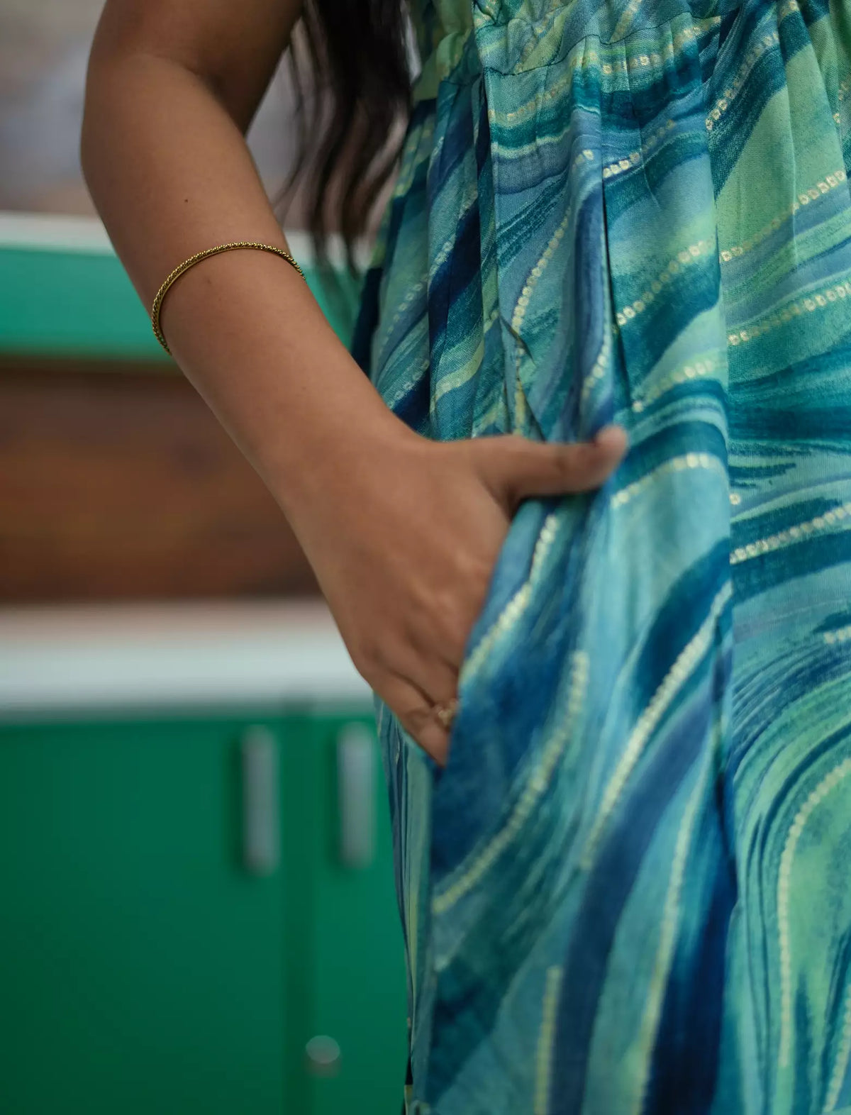 Aqua Blue Rayon Marble Print Gathering Maxi Frock Side Pocket - Mangai Nighties