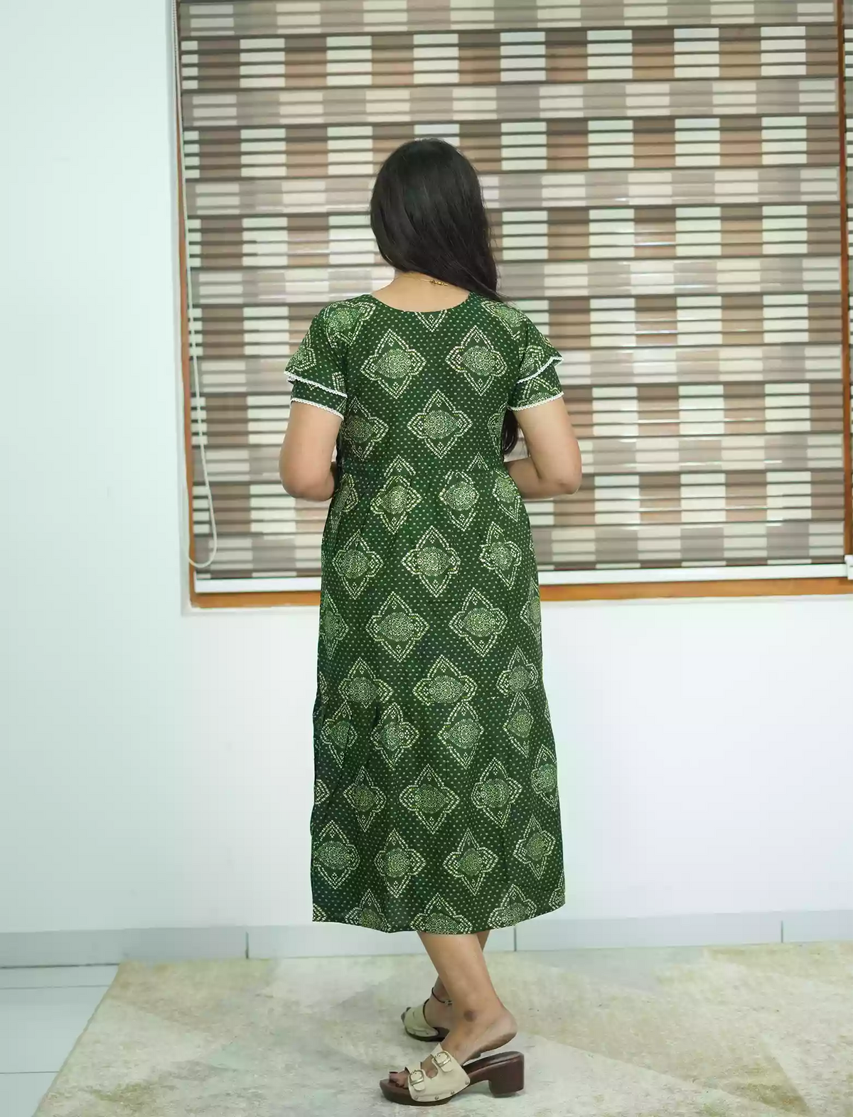 Rayon Diamond Butta Print Foil Gathering Maxi with Layer Sleeve - Mangai Nighties