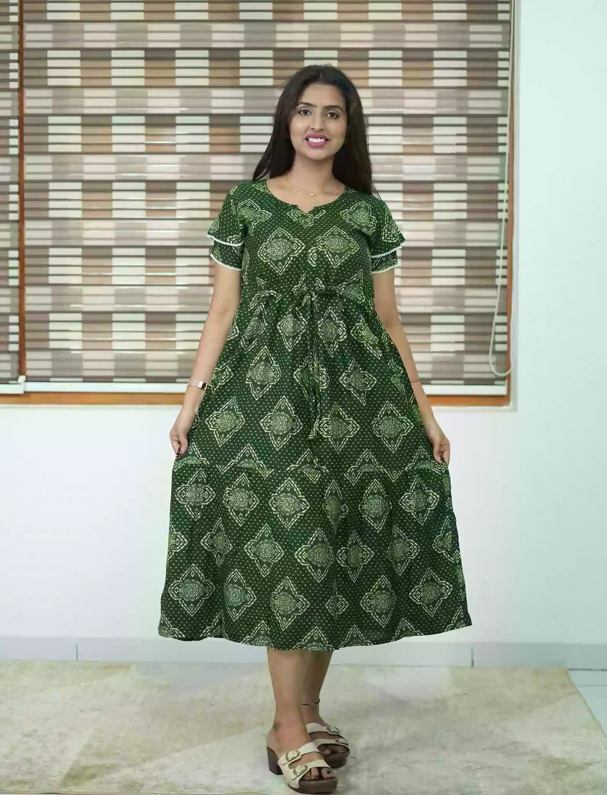 Rayon Diamond Butta Print Foil Gathering Maxi with Layer Sleeve - Mangai Nighties
