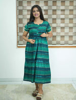 Emerald Green Rayon Foil Stripe Gathered Maxi Frock - Mangai Nighties