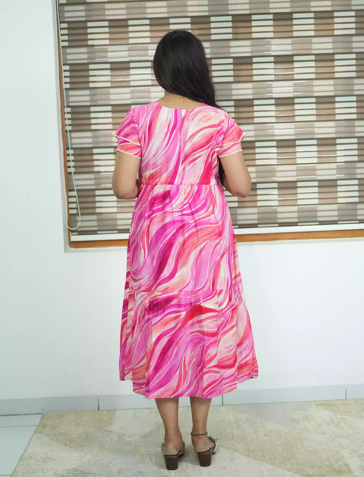 Pink Rayon Marble Print Daily Wear Maxi Frock - Mangai Nighties