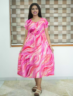 Pink Rayon Marble Print Gathering Maxi Frock Women - Mangai Nighties