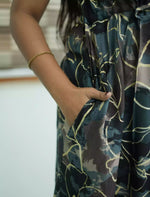 Black Rayon Floral Print Gathering Maxi with Side Pocket - Mangai Nighties