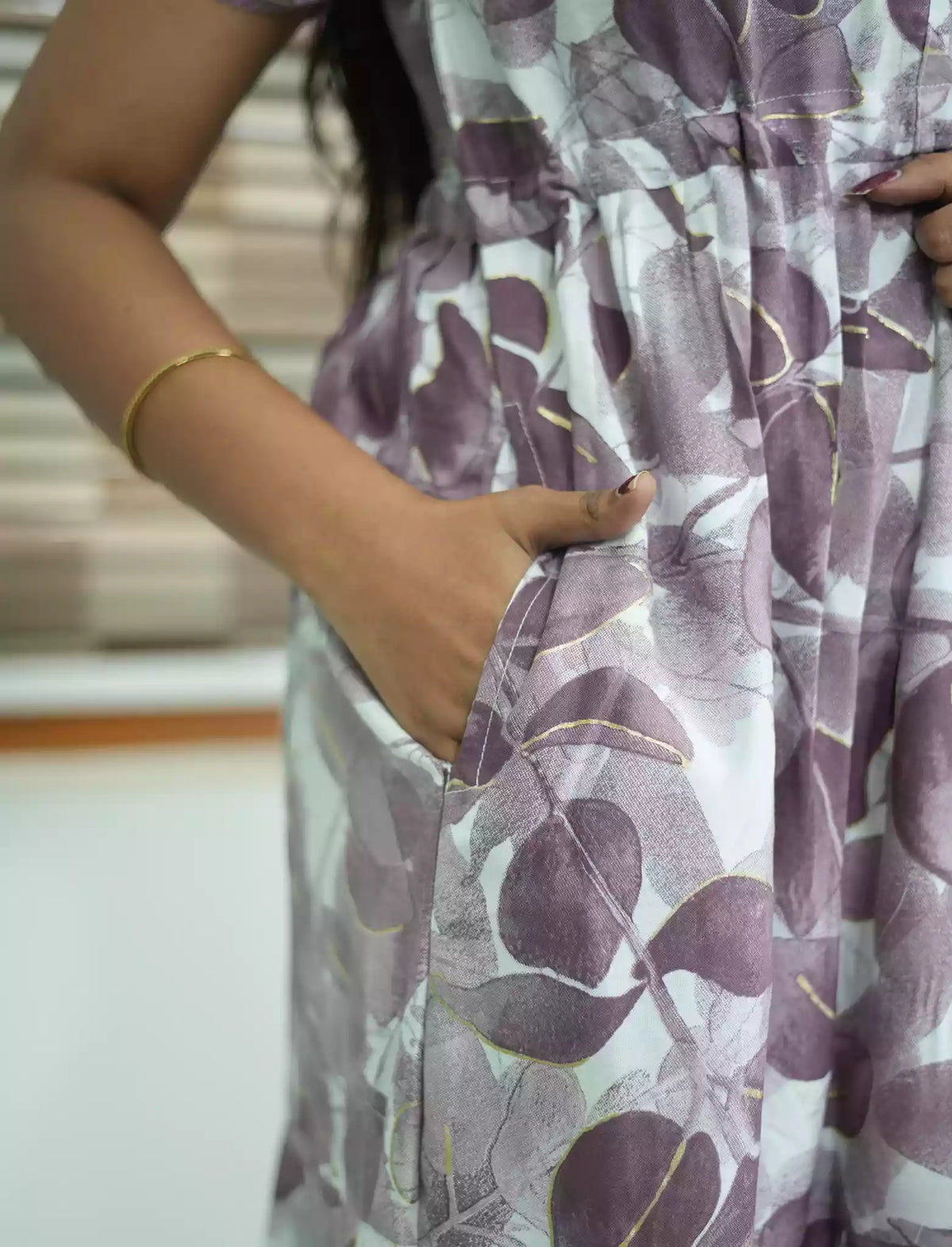 Lavender Rayon Casual Gathering Maxi Frock Zipless with Side Pocket 