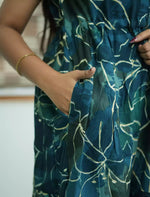 Navy Rayon Floral Print Gathering Maxi with Side Pocket- Mangai Nighties