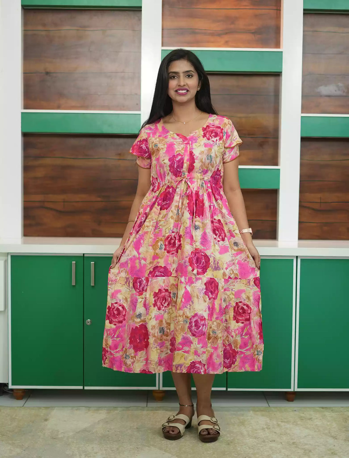 Pink Floral Rayon Gathering Maxi with Flared Style - Mangai Nighties 