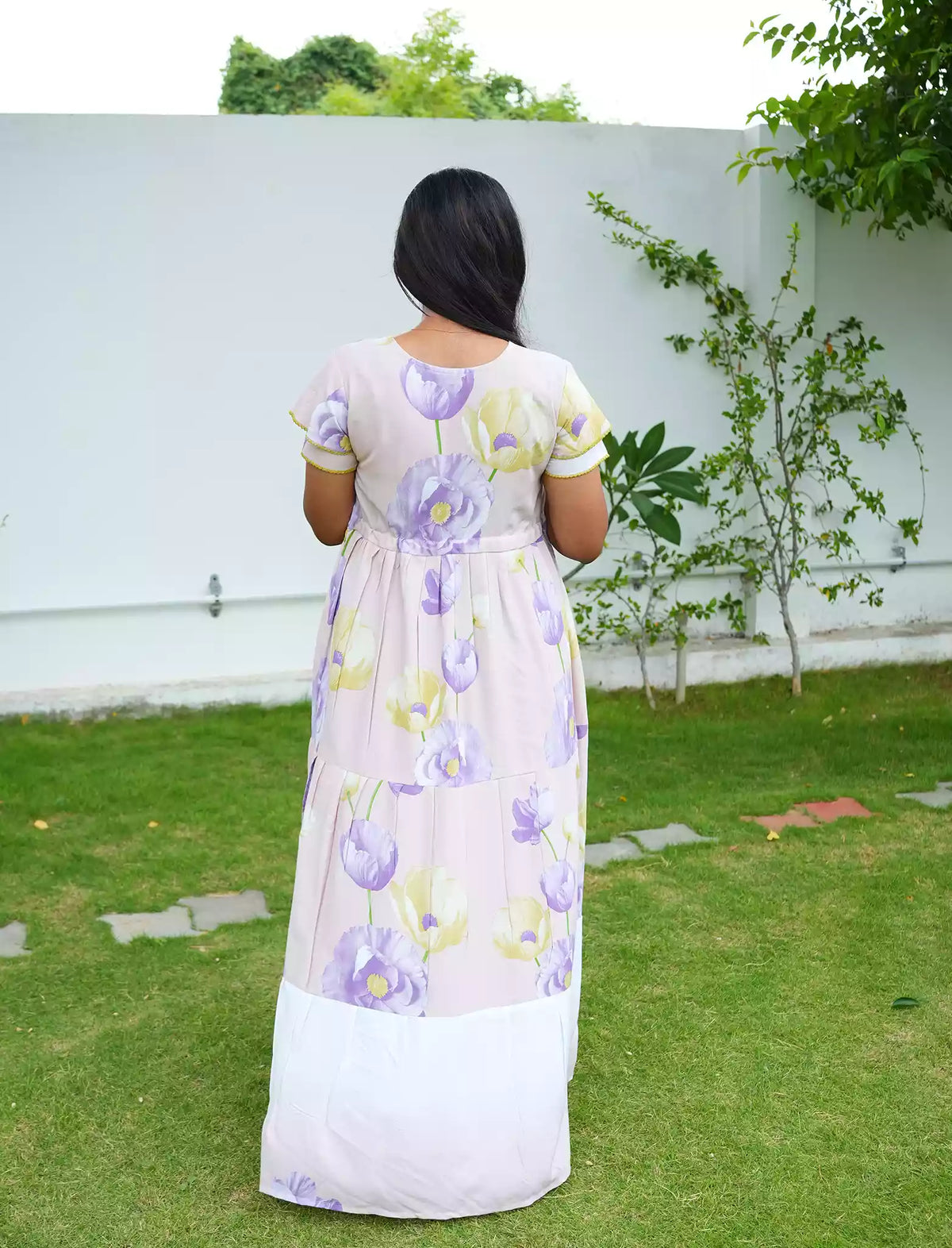 Dark Lavender Printed Long Dress with Front Tie - Mangai Nighties