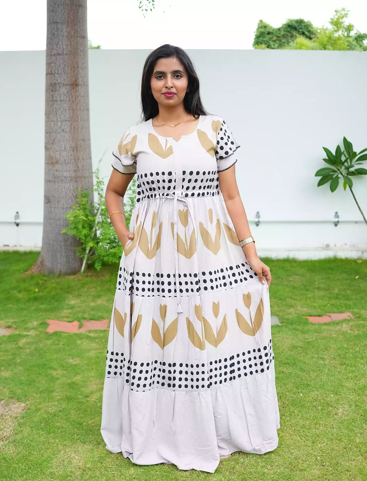 Rayon Heart Dot Print Tie Waist with Layered Sleeves - Mangai Nighties