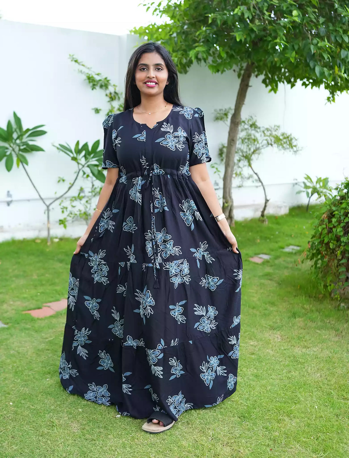 Rayon Floral Tie Waist Puff Sleeve with Pocket - Mangai Nighties