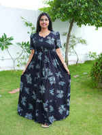 Rayon Floral Tie Waist Puff Sleeve with Pocket - Mangai Nighties