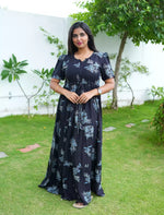 Rayon Floral Tie Waist Puff Sleeve with Pocket - Mangai Nighties