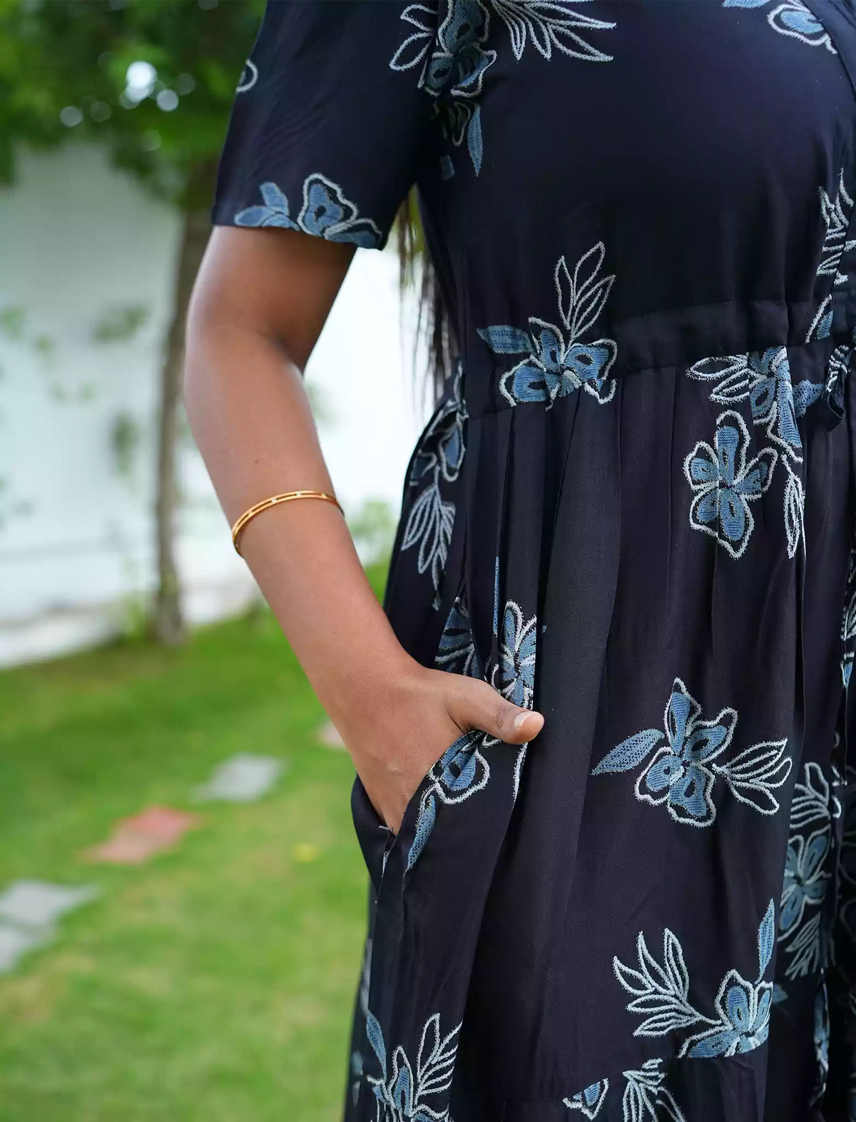 Rayon Floral Tie Waist Puff Sleeve with Pocket - Mangai Nighties