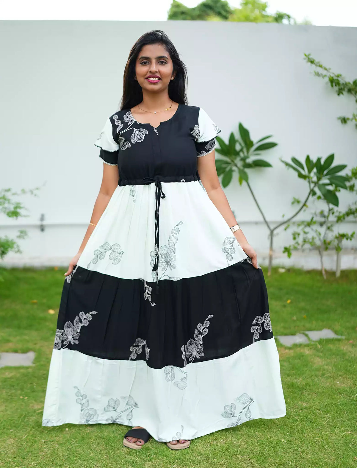 Rayon Floral Print Layer Sleeve Flared Frock - Mangai Nighties
