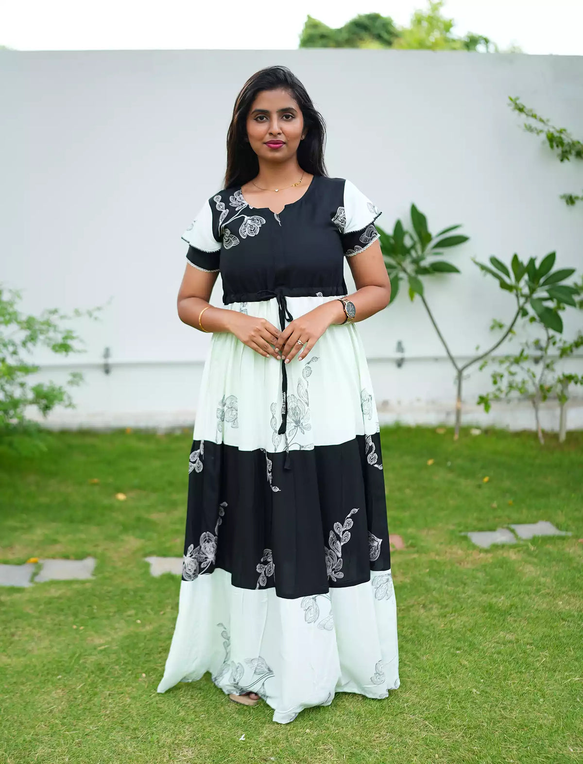 Rayon Floral Print Layer Sleeve Flared Frock - Mangai Nighties
