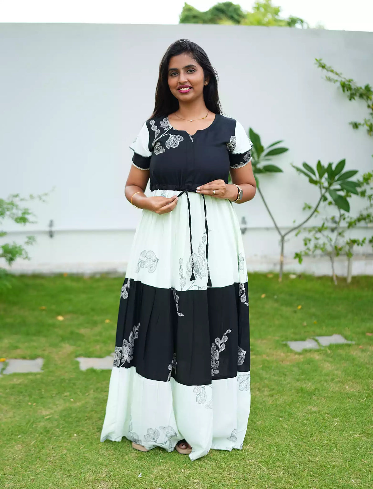 Rayon Floral Print Layer Sleeve Flared Frock - Mangai Nighties