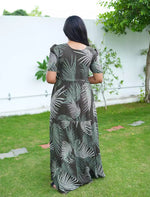 Bottle Green Floral Printed Long Dress with Front Tie - Mangai Nighties